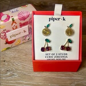 🍒 Piper·k Fruit Stud Earrings Set –Cherry & Citrus Cubic Zirconia, Nickel Free